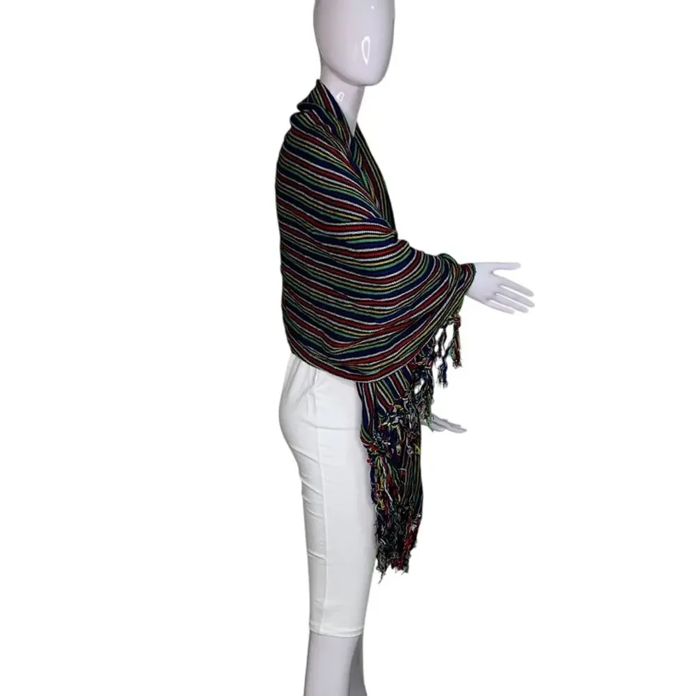 Shawl-Wrap-Scarf Multicolor Striped With Fringe